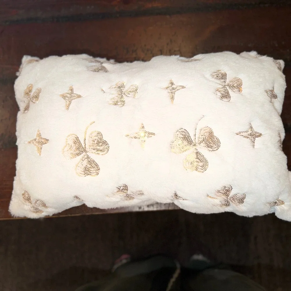 White Faux Fur Lumbar Pillow Gold Sequin Shamrock Clover St‎ Patricks Day Decor